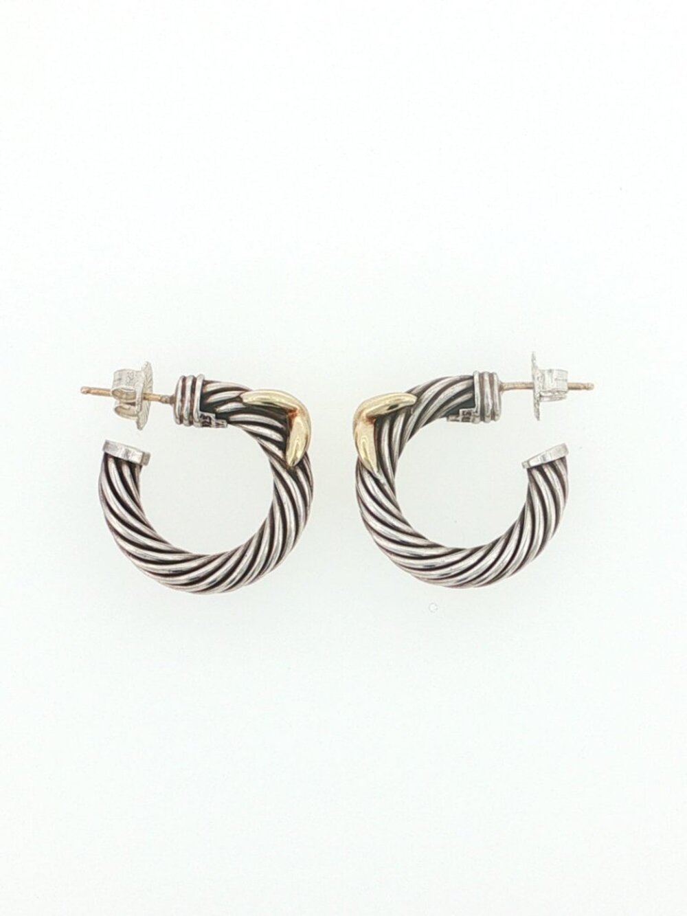 David Yurman 925 Silver and 14K Gold X Cable Hoop Earrrings - Picture 2 of 5